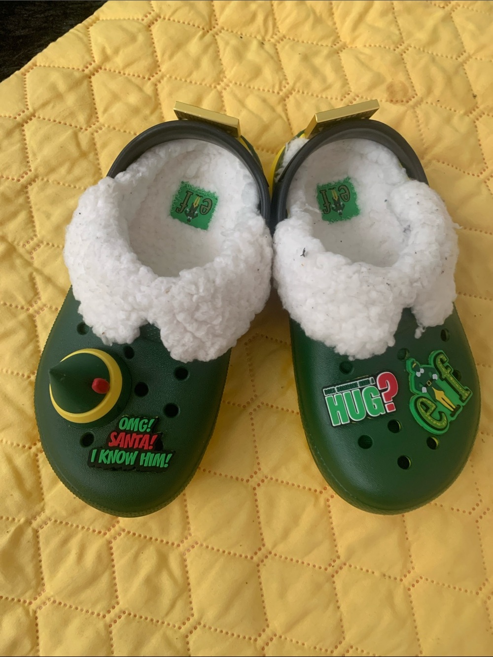 CROCS Kids Green Elf-Themed Clogs with White Sherpa Lining